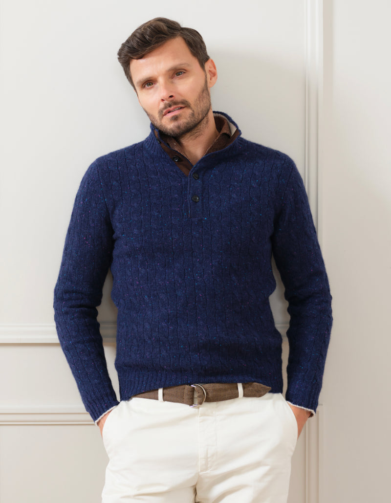 100% CASHMERE CABLE SWEATER WITH SUEDE ELBOW PATCH