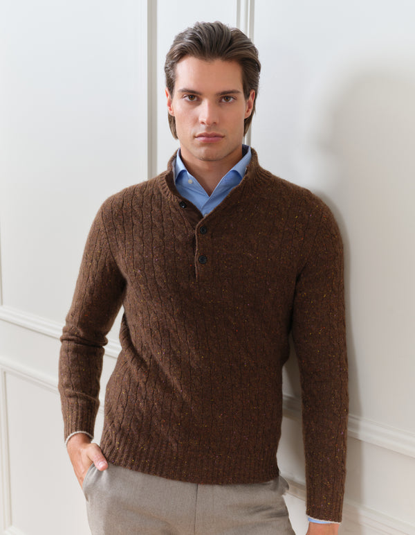 100% CASHMERE CABLE SWEATER WITH SUEDE ELBOW PATCH
