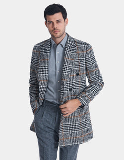 GLEN CHECK DOUBLE BREASTED WOOL OVERCOAT