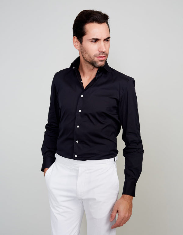 BLACK LUXURY SOLID STRETCH POPLIN ONE PIECE SPREAD COLLAR SHIRT