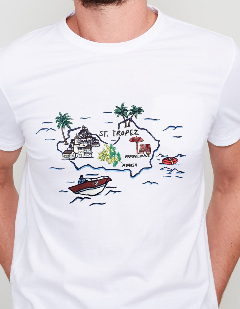 WHITE ST TROPEZ MAP EMBROIDERED T-SHIRT